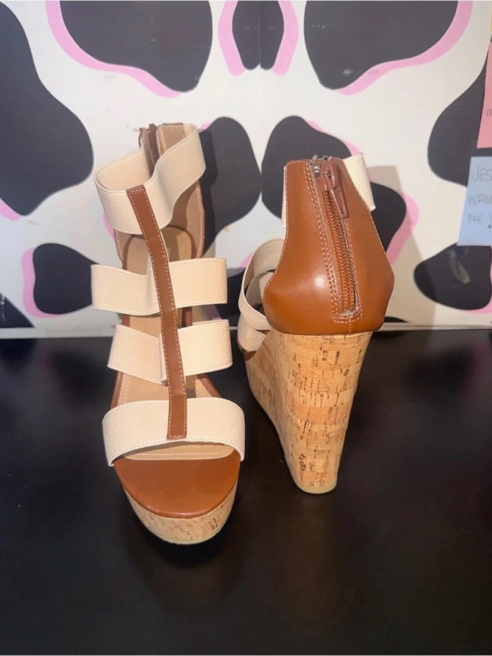 Flexi Beige and Brown Strappy Cork Wedge Sandals - Women